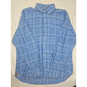 Tommy Bahama Shirt Mens L Linen Blend Blue Plaid Madras Plaid Accents
